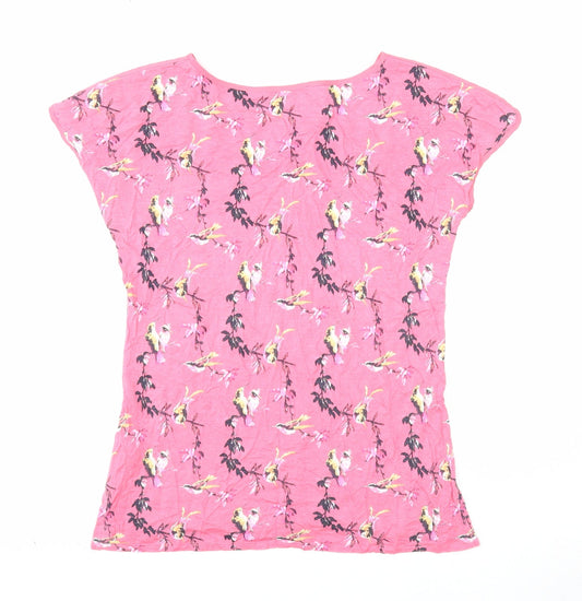 Oasis Womens Pink Geometric Viscose Basic T-Shirt Size XS Boat Neck - Bird Pattern