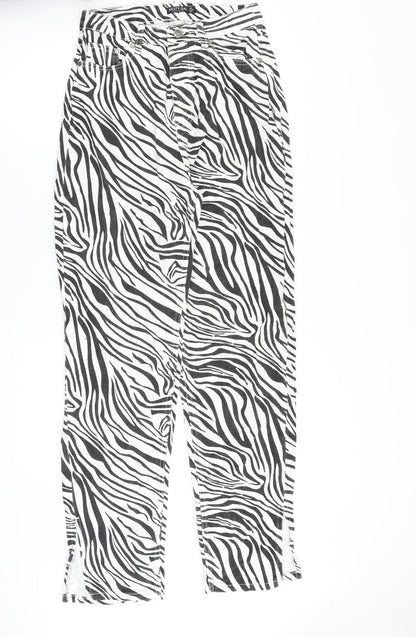 Nasty Gal Womens Black Animal Print Cotton Straight Jeans Size 8 Regular Zip - Zebra Pattern