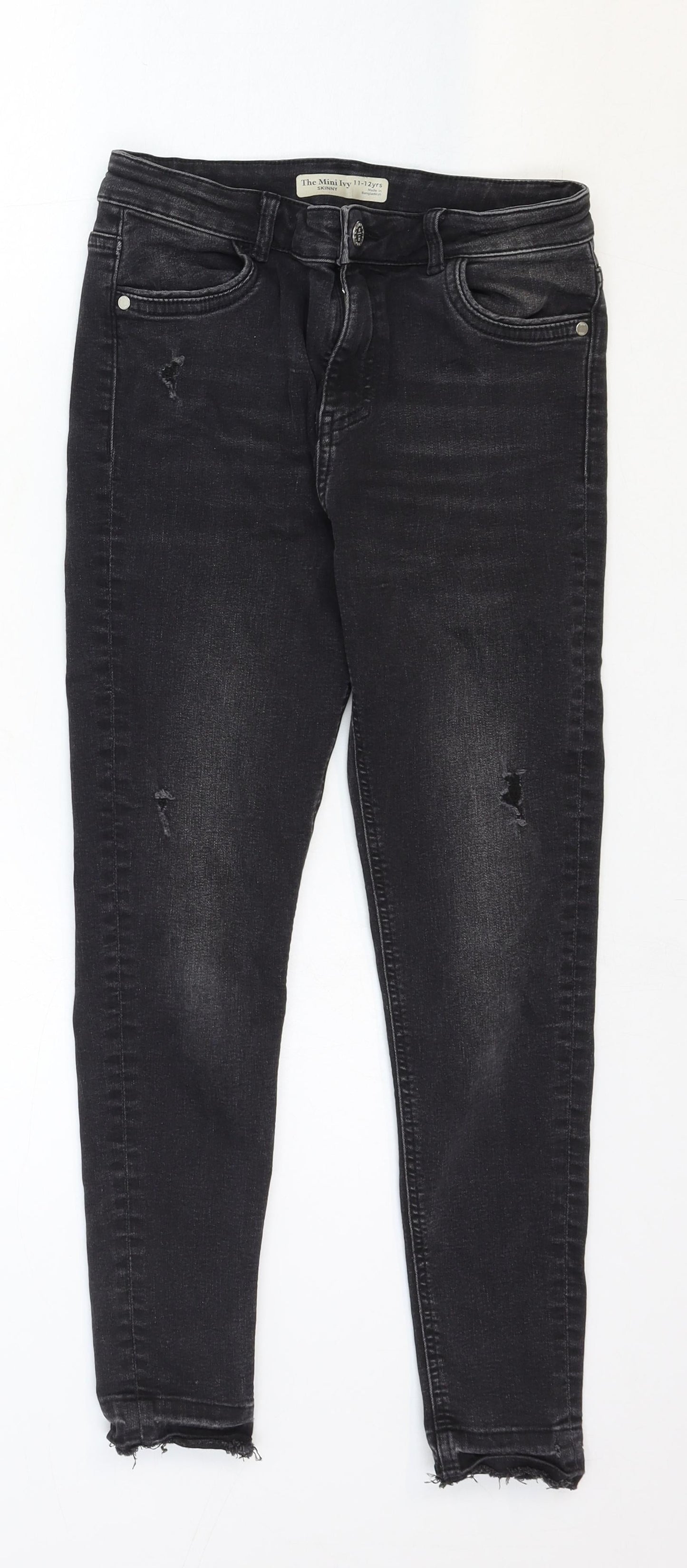 The Mini Ivy Girls Black Cotton Skinny Jeans Size 11-12 Years Regular Zip - Distressed