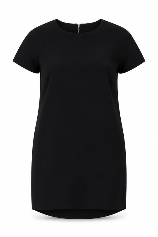 Front view of Papaya women’s black polyester pencil dress, size UK 12, crew neck zip
