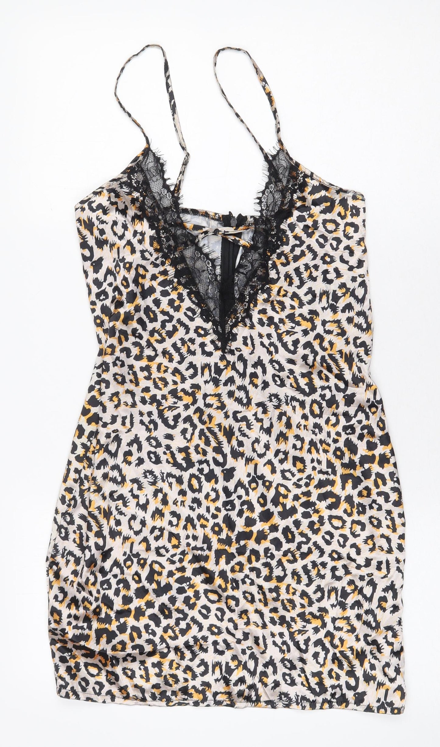 Preworn Womens Multicoloured Animal Print Polyester Slip Dress Size M V-Neck Zip - Lace Trim