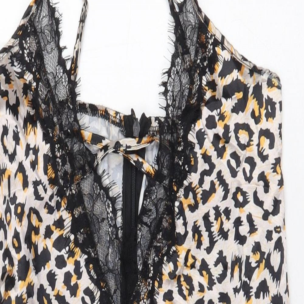 Preworn Womens Multicoloured Animal Print Polyester Slip Dress Size M V-Neck Zip - Lace Trim