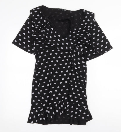 Preworn Womens Black Geometric Polyester Wrap Dress Size 10 V-Neck Pullover - Heart Pattern