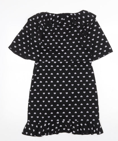 Preworn Womens Black Geometric Polyester Wrap Dress Size 10 V-Neck Pullover - Heart Pattern