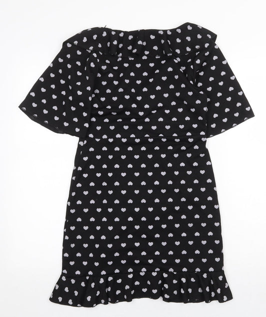 Preworn Womens Black Geometric Polyester Wrap Dress Size 10 V-Neck Pullover - Heart Pattern