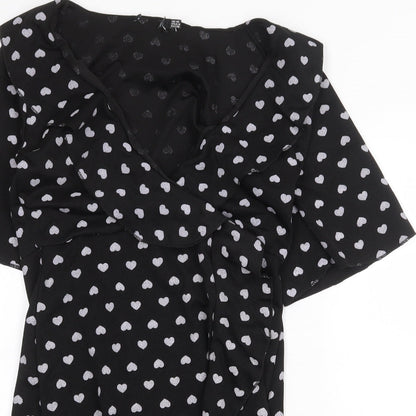 Preworn Womens Black Geometric Polyester Wrap Dress Size 10 V-Neck Pullover - Heart Pattern