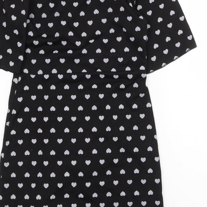 Preworn Womens Black Geometric Polyester Wrap Dress Size 10 V-Neck Pullover - Heart Pattern