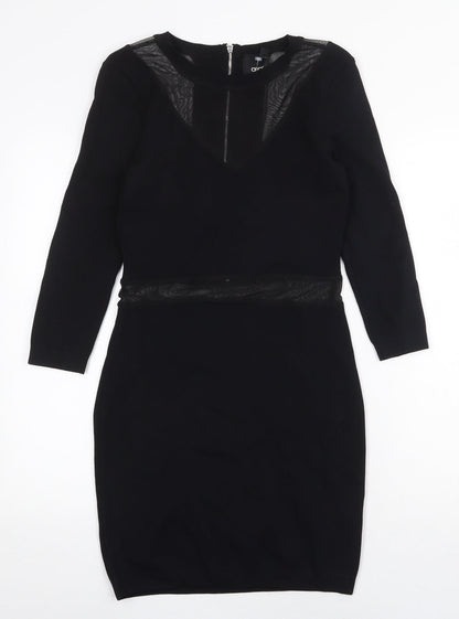 ASOS Womens Black Nylon Bodycon Size 10 Boat Neck Zip - Mesh Panels