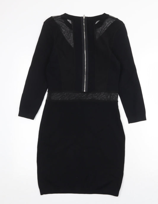 ASOS Womens Black Nylon Bodycon Size 10 Boat Neck Zip - Mesh Panels