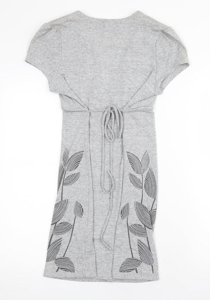 Purple Womens Grey Floral Cotton Fit & Flare Size S V-Neck Tie