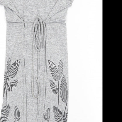 Purple Womens Grey Floral Cotton Fit & Flare Size S V-Neck Tie