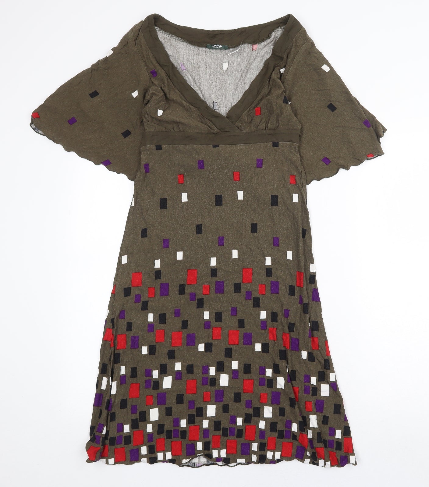 La Redoute Womens Green Geometric Viscose Fit & Flare Size 6 V-Neck Tie