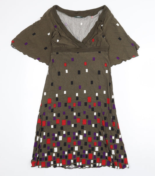 La Redoute Womens Green Geometric Viscose Fit & Flare Size 6 V-Neck Tie