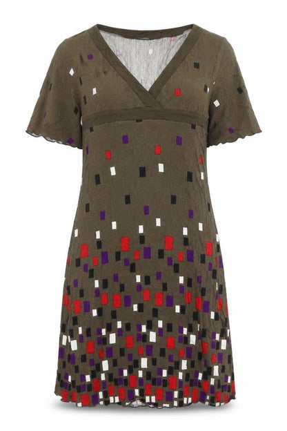 La Redoute Womens Green Geometric Viscose Fit & Flare Size 6 V-Neck Tie