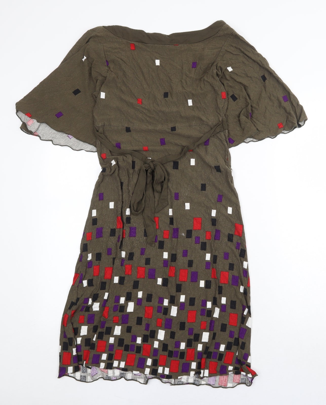 La Redoute Womens Green Geometric Viscose Fit & Flare Size 6 V-Neck Tie