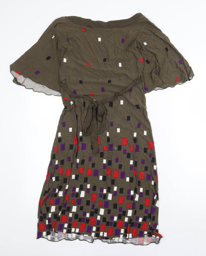 La Redoute Womens Green Geometric Viscose Fit & Flare Size 6 V-Neck Tie