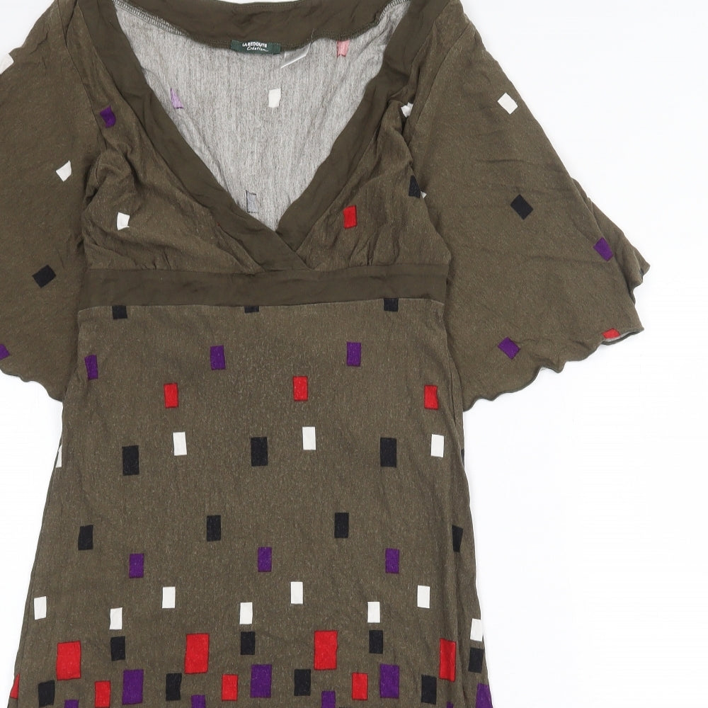 La Redoute Womens Green Geometric Viscose Fit & Flare Size 6 V-Neck Tie