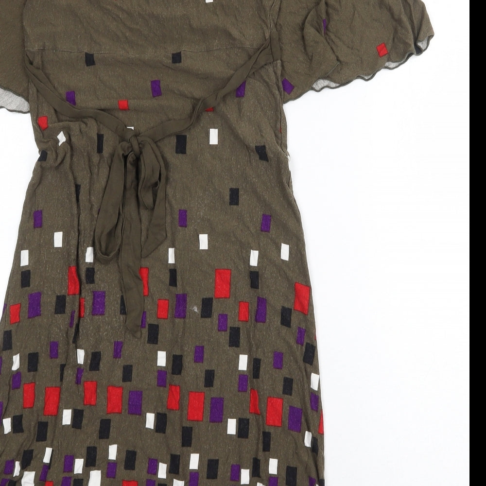 La Redoute Womens Green Geometric Viscose Fit & Flare Size 6 V-Neck Tie