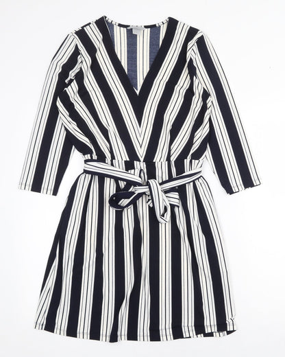 H&M Womens Blue Striped Polyester A-Line Size S V-Neck Tie