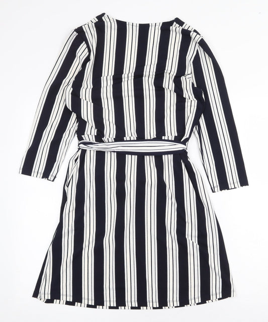 H&M Womens Blue Striped Polyester A-Line Size S V-Neck Tie