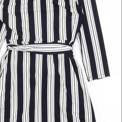 H&M Womens Blue Striped Polyester A-Line Size S V-Neck Tie