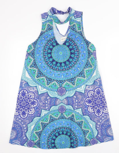 Kiss the Sky Womens Blue Geometric Polyester Shift Size XS Round Neck Button