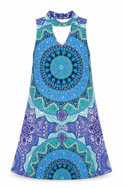 Kiss the Sky Womens Blue Geometric Polyester Shift Size XS Round Neck Button