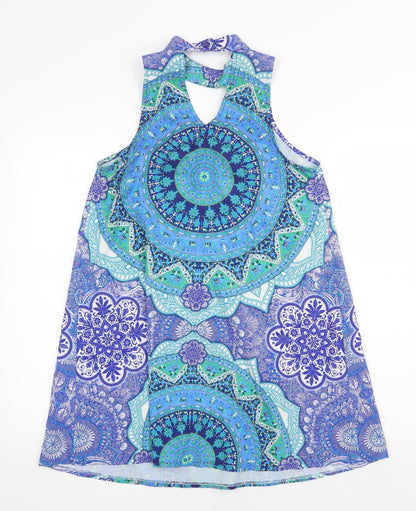 Kiss the Sky Womens Blue Geometric Polyester Shift Size XS Round Neck Button