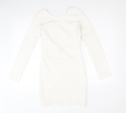 Topshop Womens White Geometric Polyester Mini Size 8 Scoop Neck Pullover