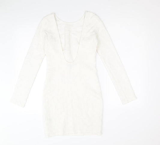 Topshop Womens White Geometric Polyester Mini Size 8 Scoop Neck Pullover