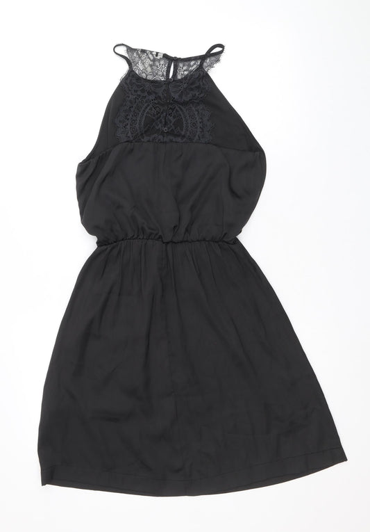 H&M Womens Black Polyester Fit & Flare Size 8 Scoop Neck Button - Lace Details