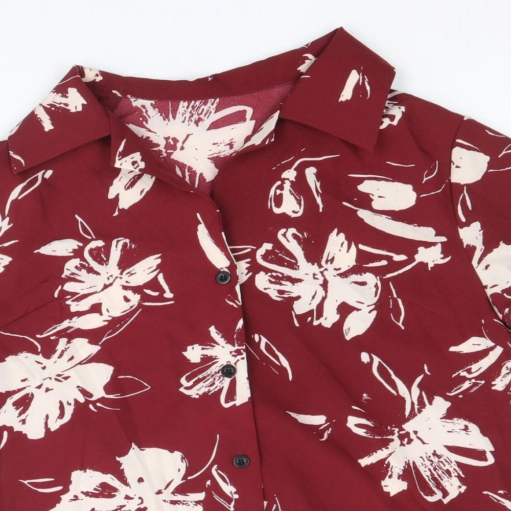 SheIn Womens Red Floral Polyester Basic Button-Up Size S Collared