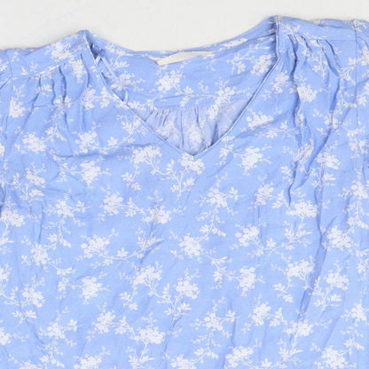 Pre Una Womens Blue Floral Viscose Basic Blouse Size 6 V-Neck
