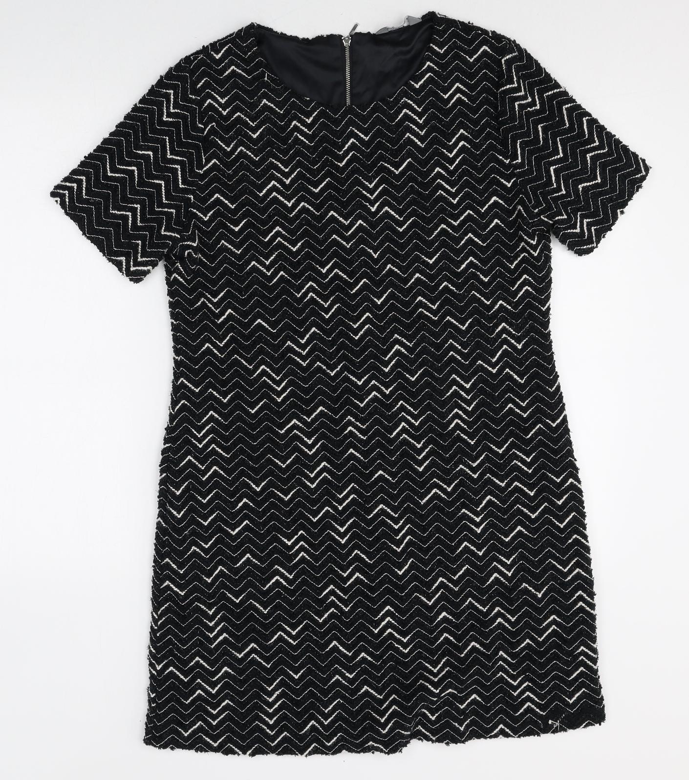Nutmeg Womens Black Geometric Polyester Shift Size 12 Boat Neck Zip
