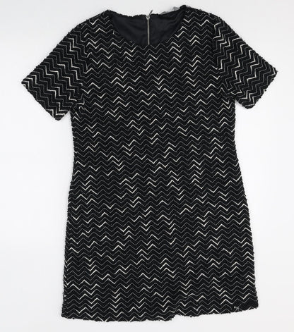 Nutmeg Womens Black Geometric Polyester Shift Size 12 Boat Neck Zip