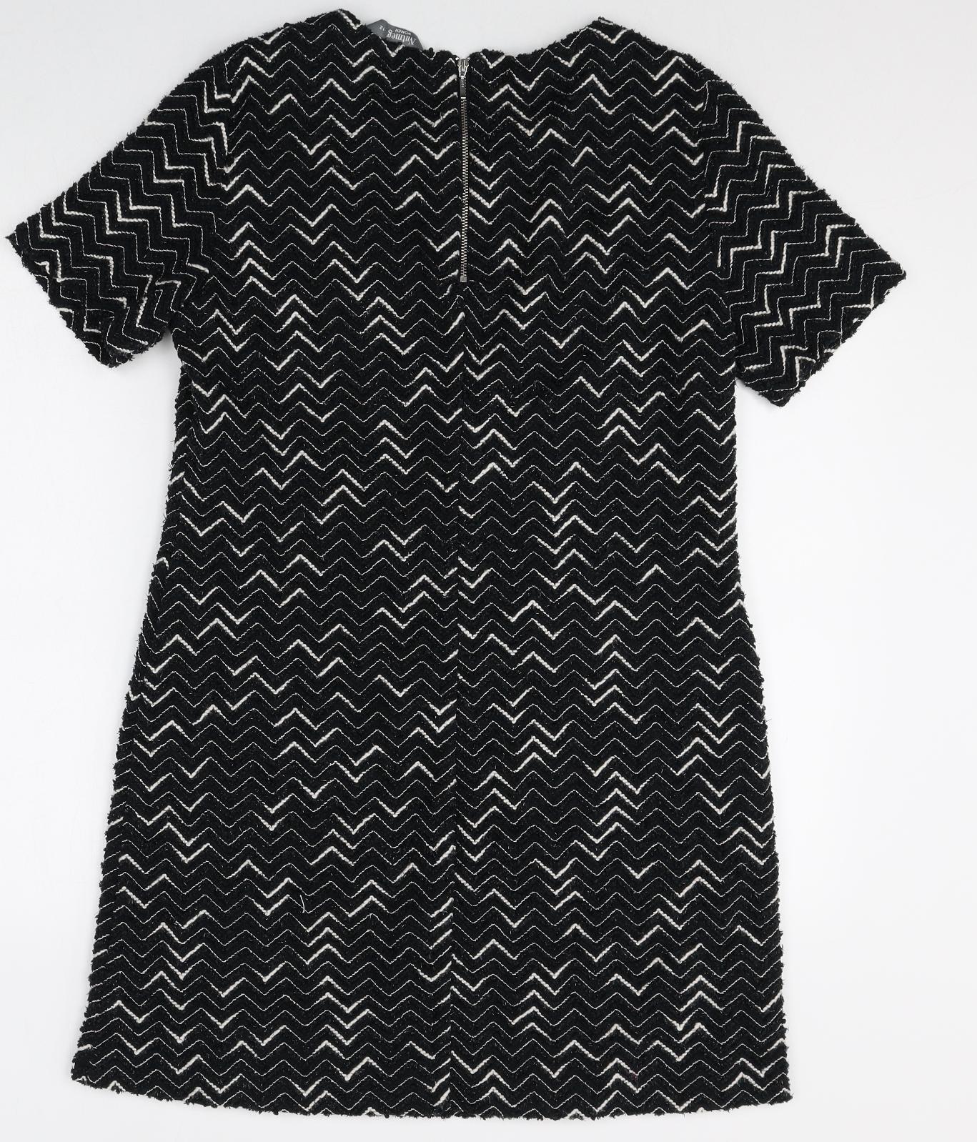 Nutmeg Womens Black Geometric Polyester Shift Size 12 Boat Neck Zip