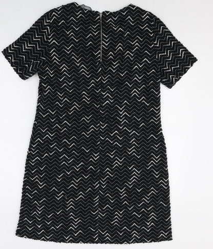 Nutmeg Womens Black Geometric Polyester Shift Size 12 Boat Neck Zip