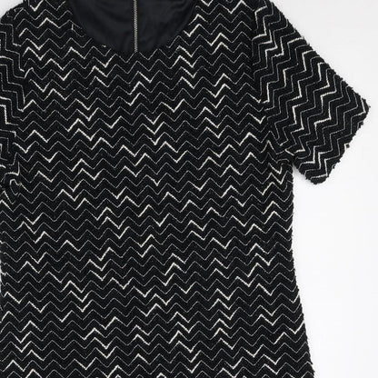 Nutmeg Womens Black Geometric Polyester Shift Size 12 Boat Neck Zip