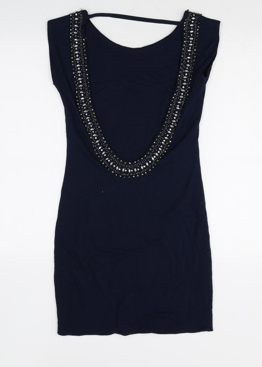 Warehouse Womens Blue Viscose A-Line Size 8 Round Neck Pullover