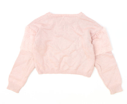 Preworn Girls Pink Round Neck Cotton Pullover Jumper Size 5-6 Years Pullover