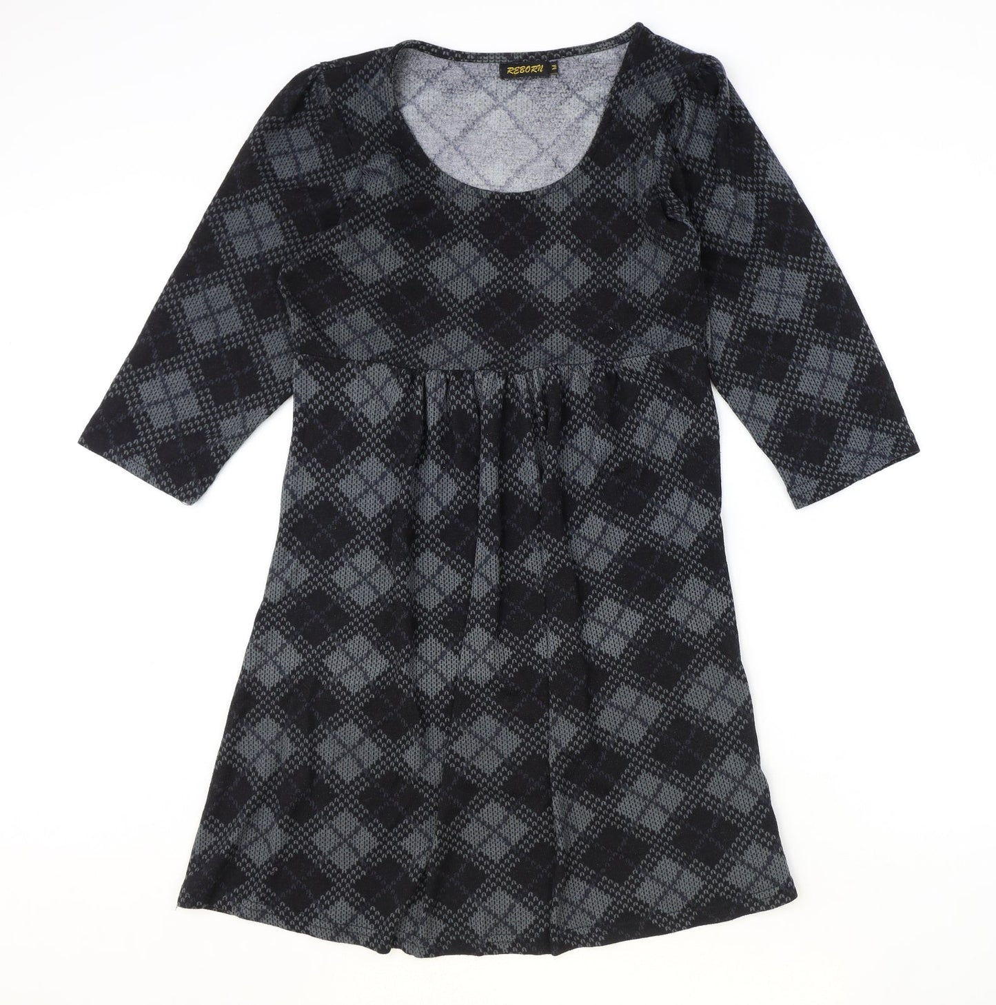 Reborn Womens Black Argyle/Diamond Polyester Fit & Flare Size M Round Neck Pullover