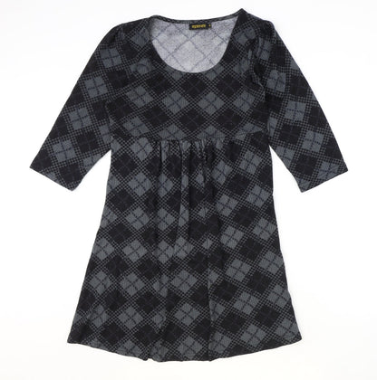 Reborn Womens Black Argyle/Diamond Polyester Fit & Flare Size M Round Neck Pullover