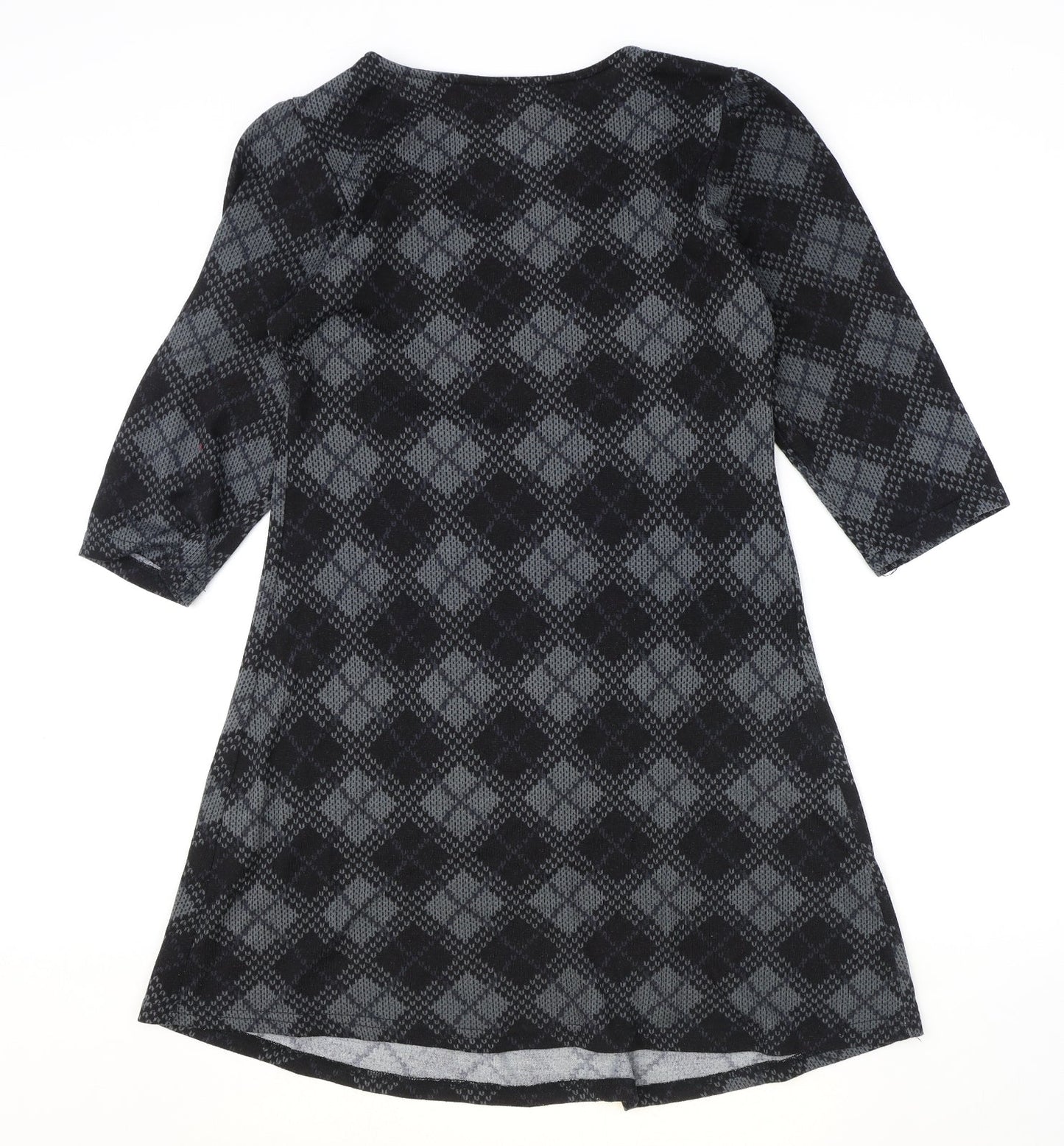 Reborn Womens Black Argyle/Diamond Polyester Fit & Flare Size M Round Neck Pullover
