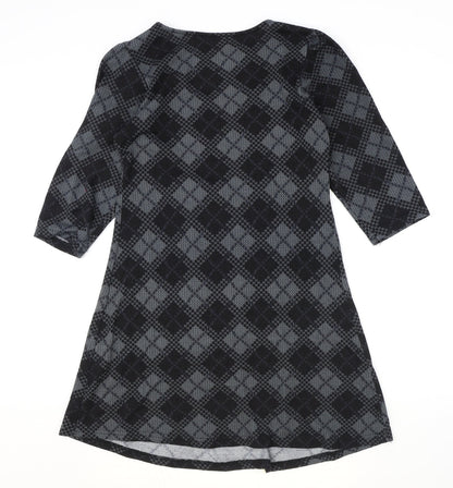 Reborn Womens Black Argyle/Diamond Polyester Fit & Flare Size M Round Neck Pullover