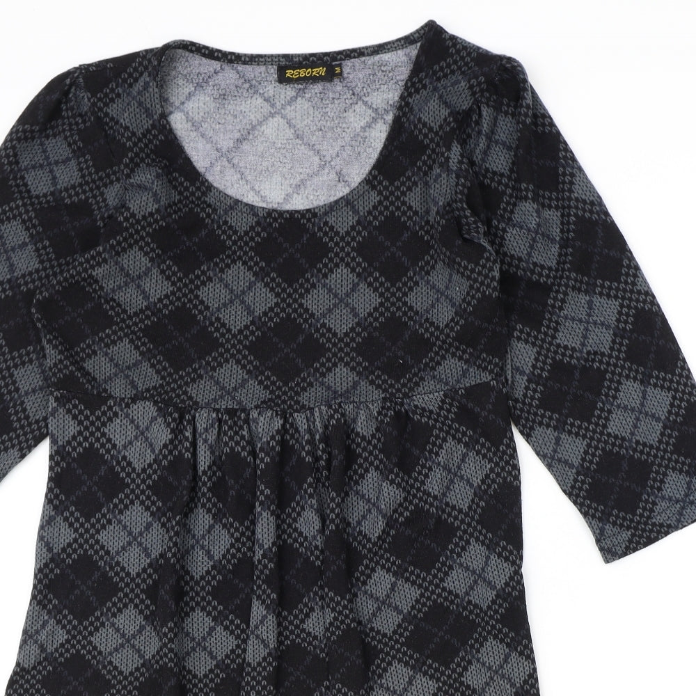 Reborn Womens Black Argyle/Diamond Polyester Fit & Flare Size M Round Neck Pullover