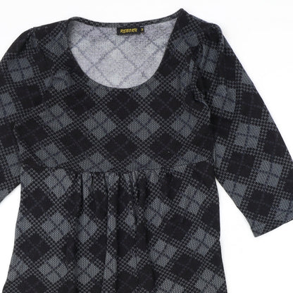 Reborn Womens Black Argyle/Diamond Polyester Fit & Flare Size M Round Neck Pullover