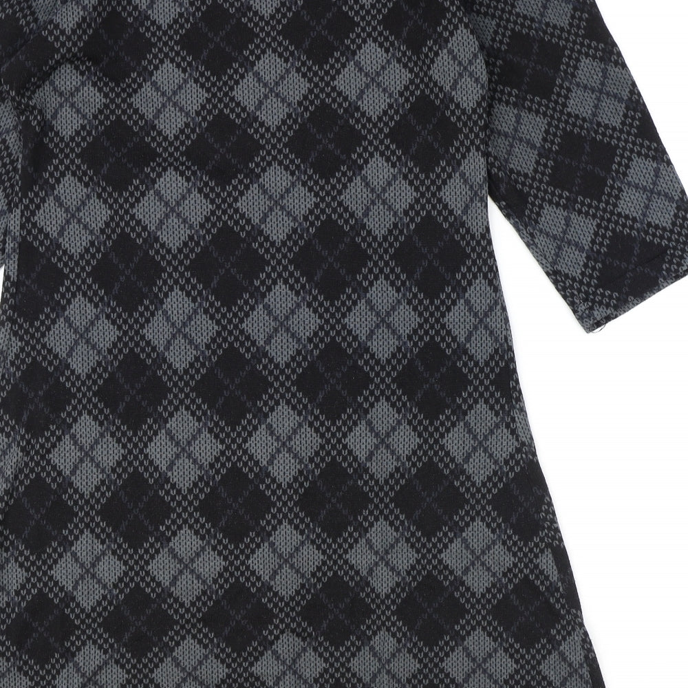 Reborn Womens Black Argyle/Diamond Polyester Fit & Flare Size M Round Neck Pullover
