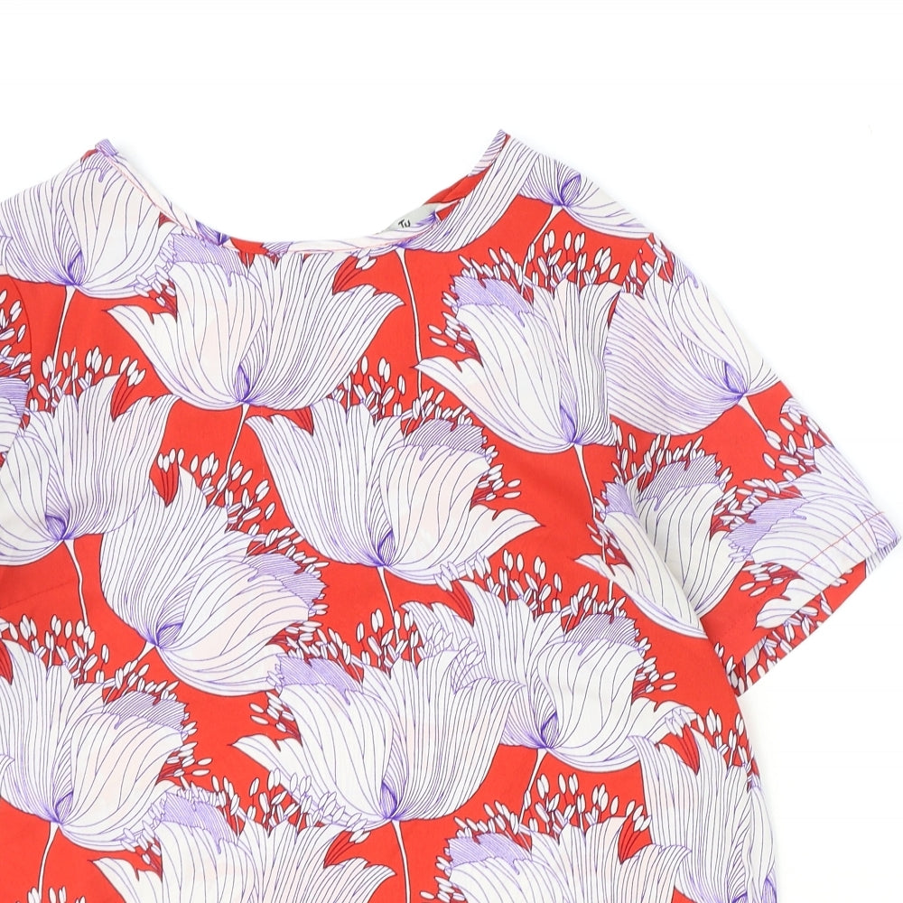 TU Womens Red Floral Polyester Basic T-Shirt Size 10 Round Neck