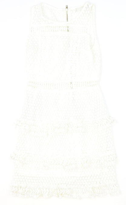 Preworn Womens Ivory Geometric Polyester A-Line Size M Scoop Neck Zip