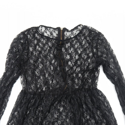 Preworn Womens Black Floral Polyester Skater Dress Size M Round Neck Zip